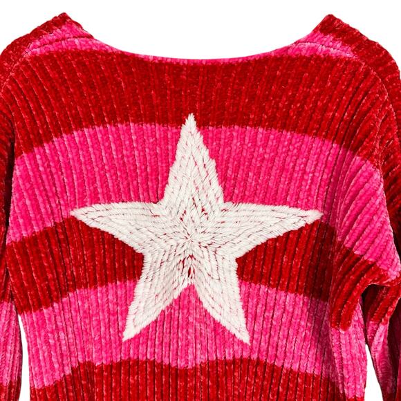 NWT Wildfox Heavy Chenille Red Pink Striped Oversized V-neck Knit Sweater Size S - Picture 12 of 16
